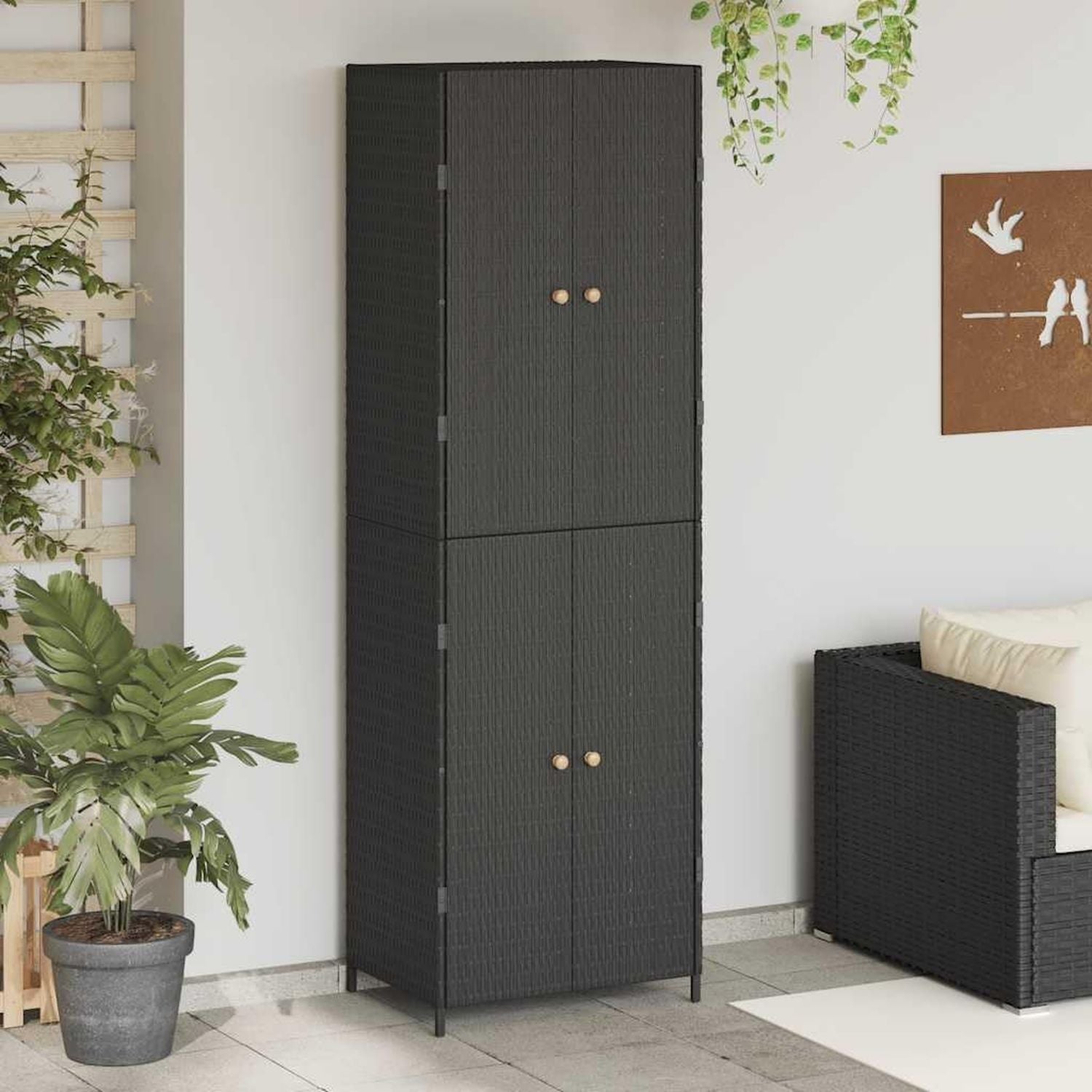 Armadio da giardino in polyrattan 59 40 180 cm in massiccio di acacia e telaio in acciaio con vano portaoggetti e armadietto resistente alle intemperie con manici x x nero legno