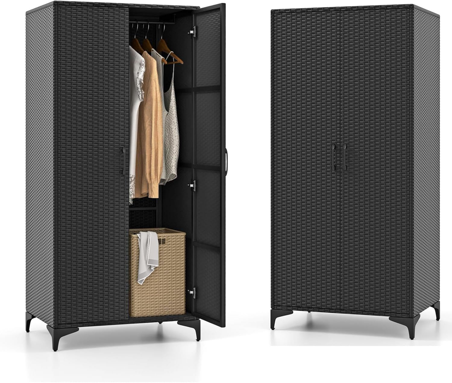 Armadietto KOMFOTTEU da giardino in rattan in rattan 72 50 157 cm con 5 ripiani e mensole sospese da terrazza con doppie porte x x nero