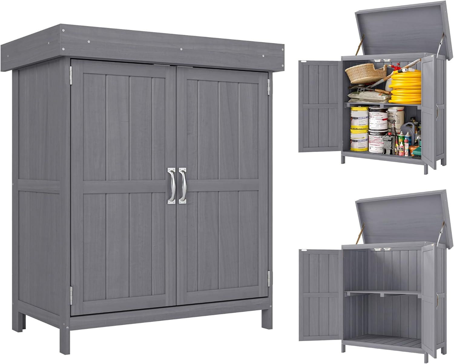 Armadio Outsunny Casetta in da Giardino con 2 Ante cm Armadio da Esterno Porta Attrezzi da Giardino Tetto Apribile 74 x 43 x 88 Legno Grigio
