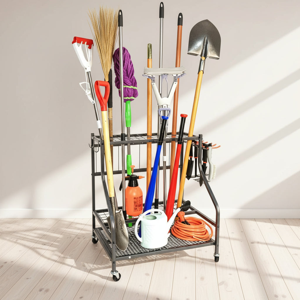 Sinoer Scaffale per attrezzi da giardino con ganci e ruote organizer per garage ripiani in metallo a 3 livelli supporto per prato capannone e cortile